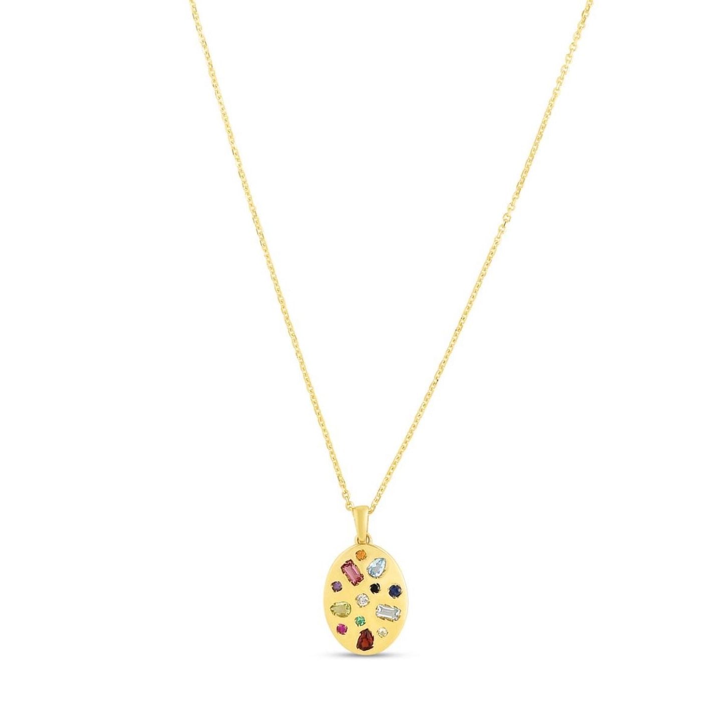 0.02CT Real Diamond 14K Yellow Gold Inlay Oval Pendant Necklace 16"-18"