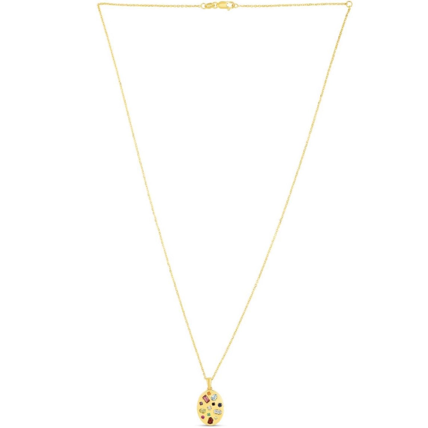 0.02CT Real Diamond 14K Yellow Gold Inlay Oval Pendant Necklace 16"-18"