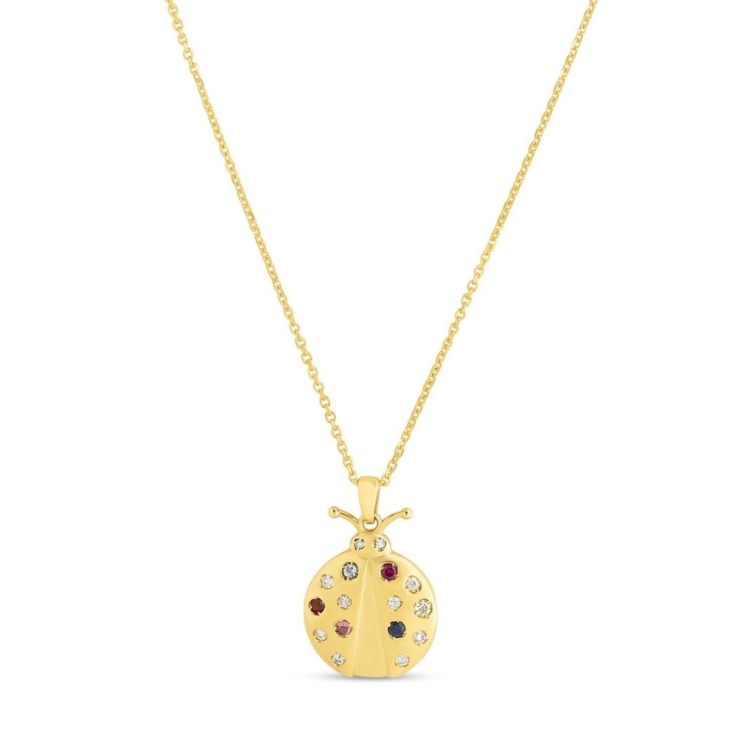 0.10CTW Real Diamond 14K Gold Gemstone Inlay Ladybug Pendant Necklace 16"-18"