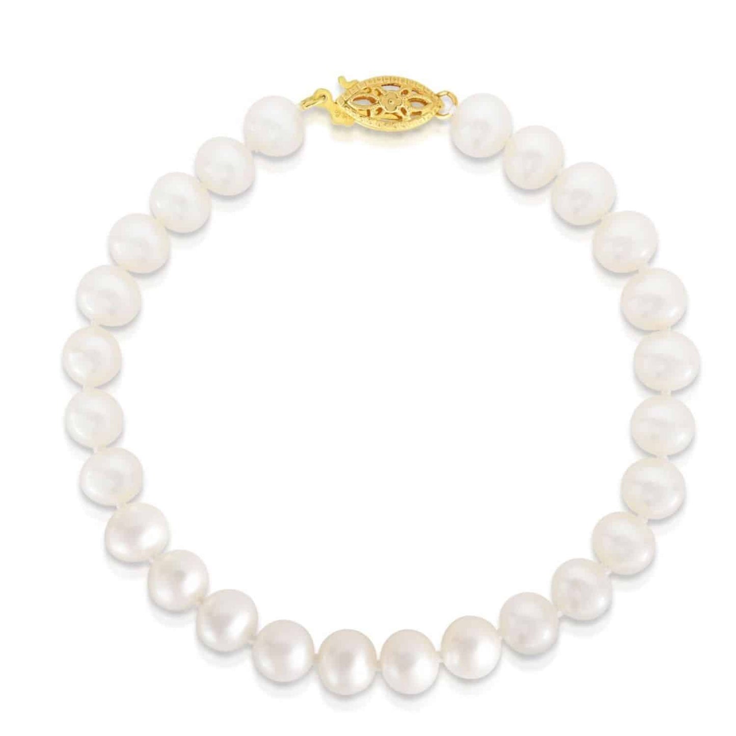 14K Gold Yellow 6mm Cultured Pearls Fish Clasp Bracelet 7"