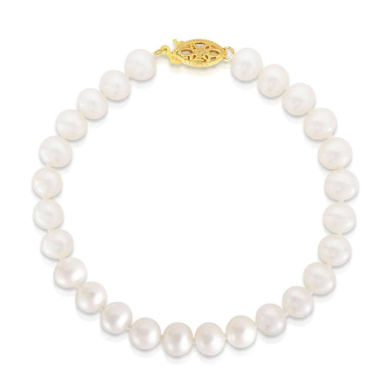 14K Yellow Gold 6mm Cultured Pearls Fish Clasp Bracelet (Solid Links) 7"