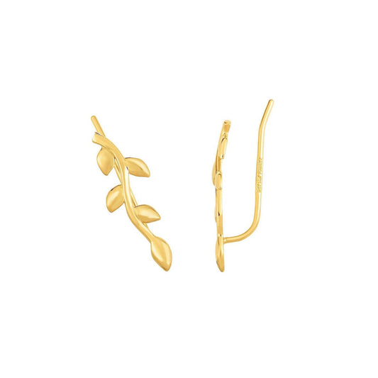 14K Yellow Gold Leaf Ear Climber Earrings 20mm