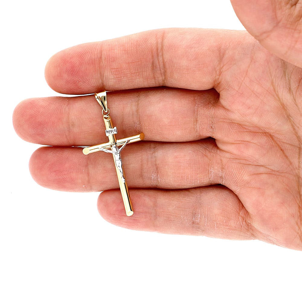 14K Real Gold Two-Tone White Jesus Crucifix Cross Pendant 1.2"-2.2"