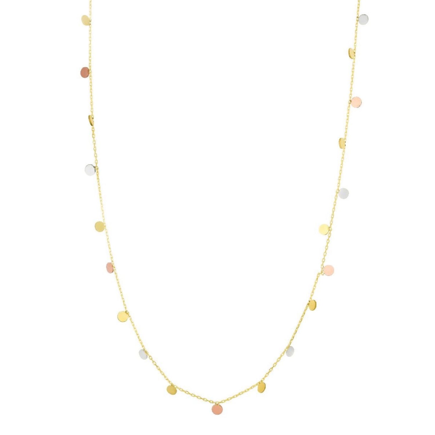 14K Tri-Color Gold Dangling Circles Cable Chain Necklace 16"-18" Adjustable