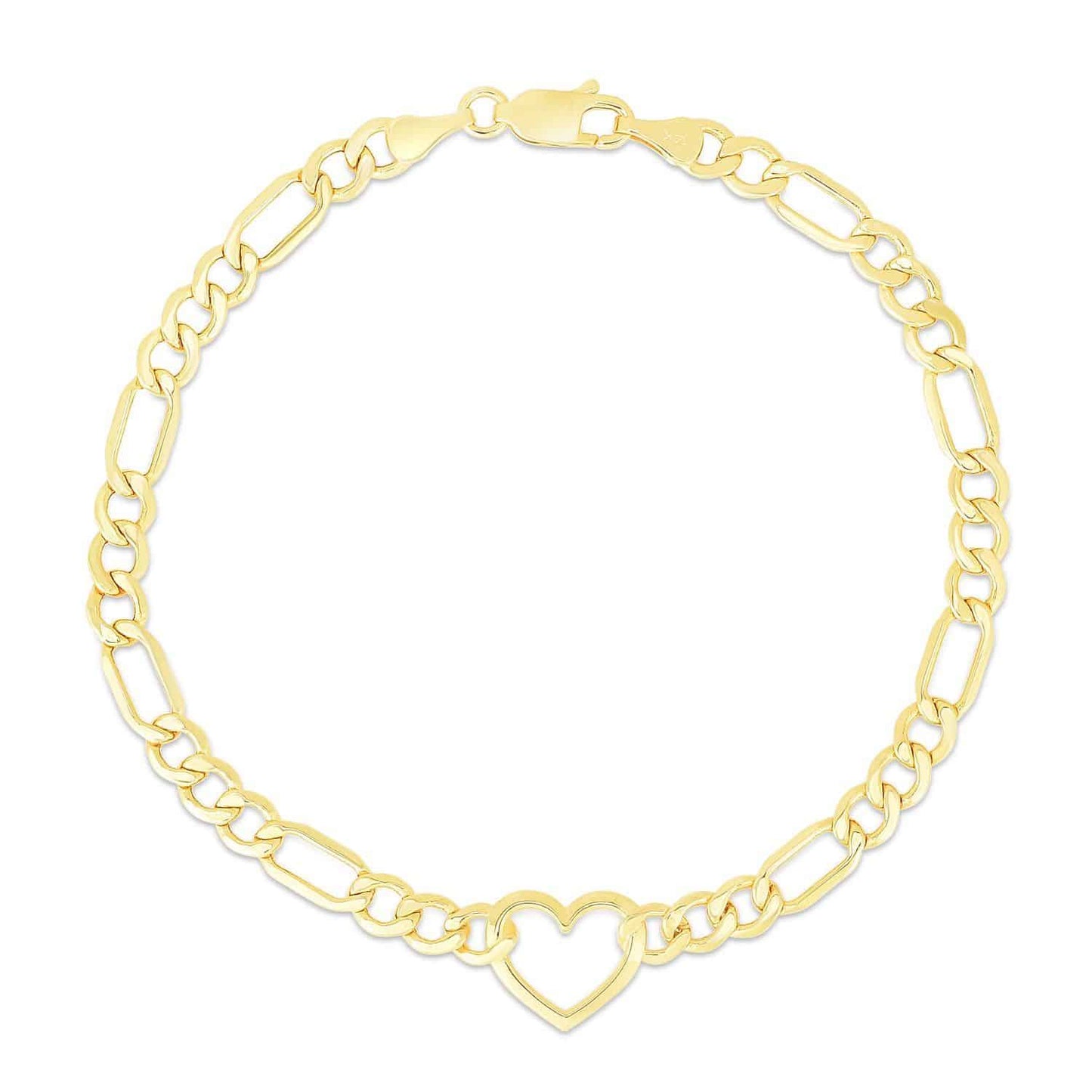 14K Real Gold 4.5mm Hollow Figaro Heart Charm Bracelet 7"