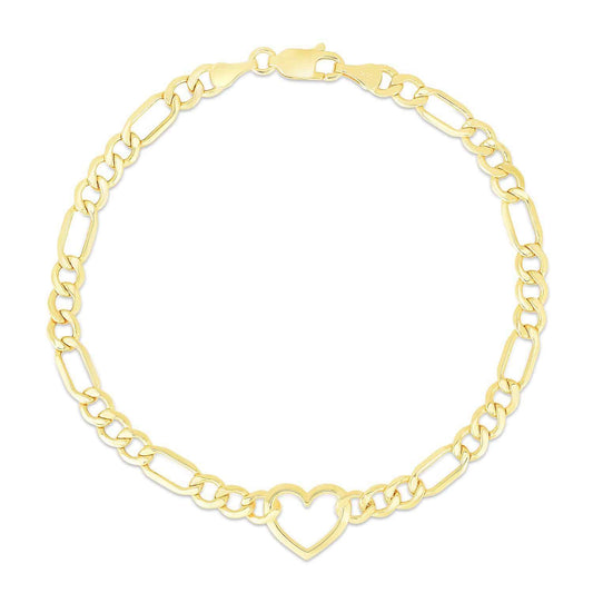 14K Yellow Gold 4.5mm Figaro Heart Charm Bracelet (Hollow) 7"
