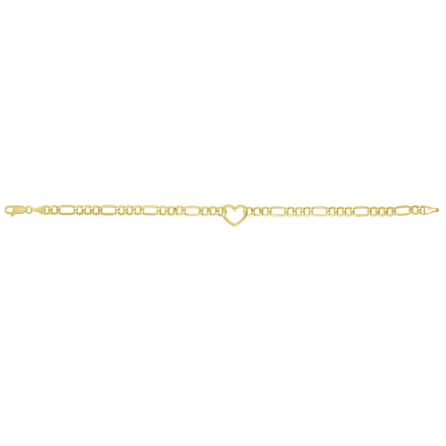 14K Real Gold 4.5mm Hollow Figaro Heart Charm Bracelet 7"
