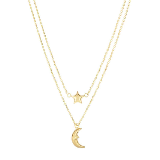 14K Yellow Gold Moon & Star Layered Cable Necklace (Hollow) 18"