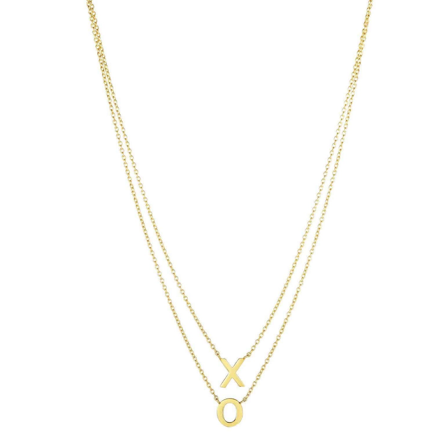 14K Yellow Gold Hugs & Kisses X O Pendant With Layered Cable Chain Necklace 17"