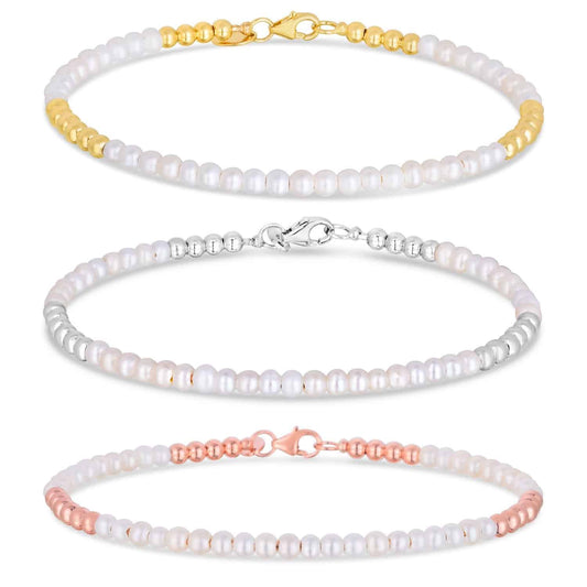 14K Gold Ball Real Freshwater Pearl Alternating 2mm Bead Bracelet (Hollow) 6.5"