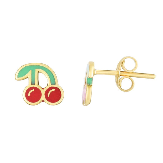 14K Yellow Gold Enamel Cherry Stud Earrings