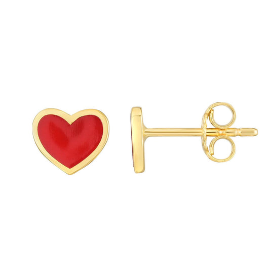 14K Yellow Gold Red Enamel Heart Stud Earrings 6mm