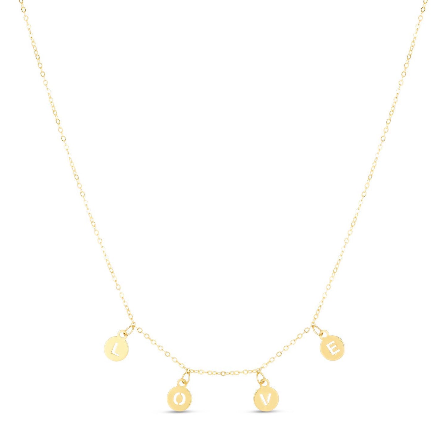 14K Yellow Gold Dangling LOVE Discs Cable Chain Charm Necklace 16"-18" Adj.