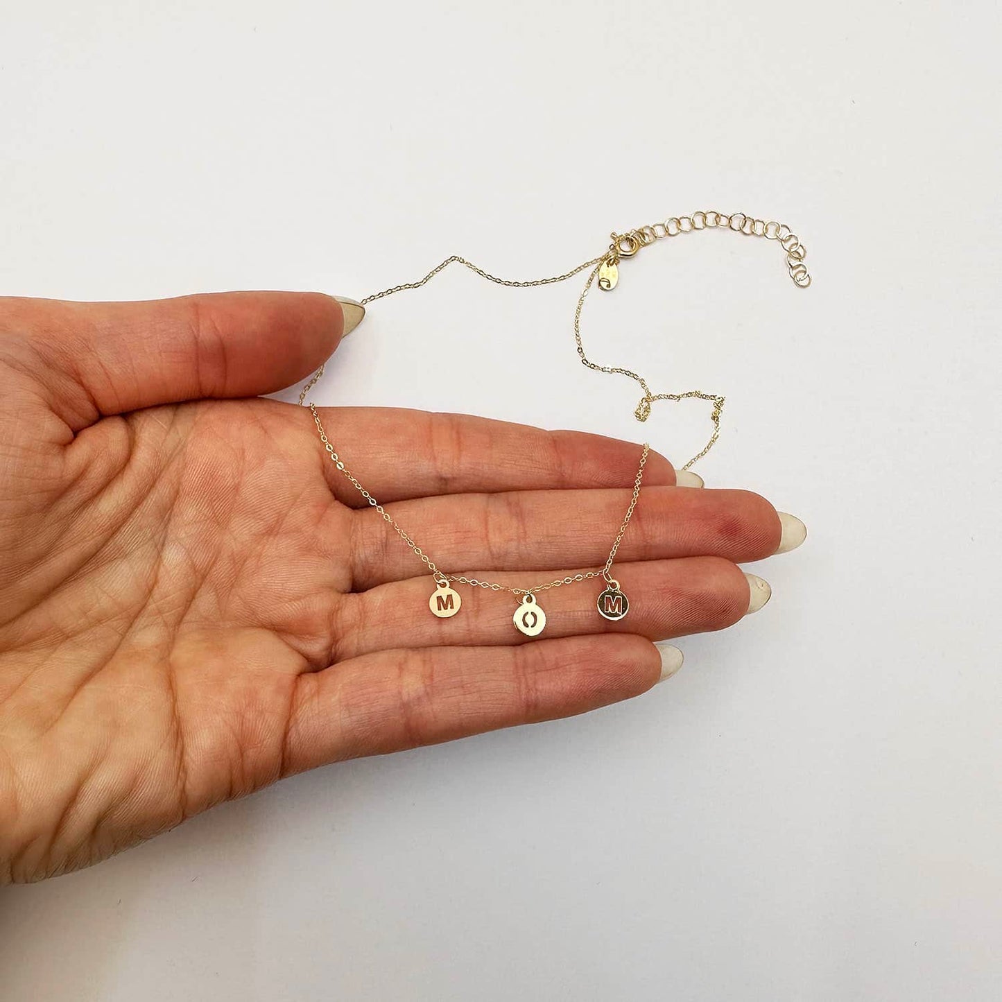 14K Yellow Gold Dangling MOM Discs Cable Chain Charm Necklace 16"-18" Adjustable