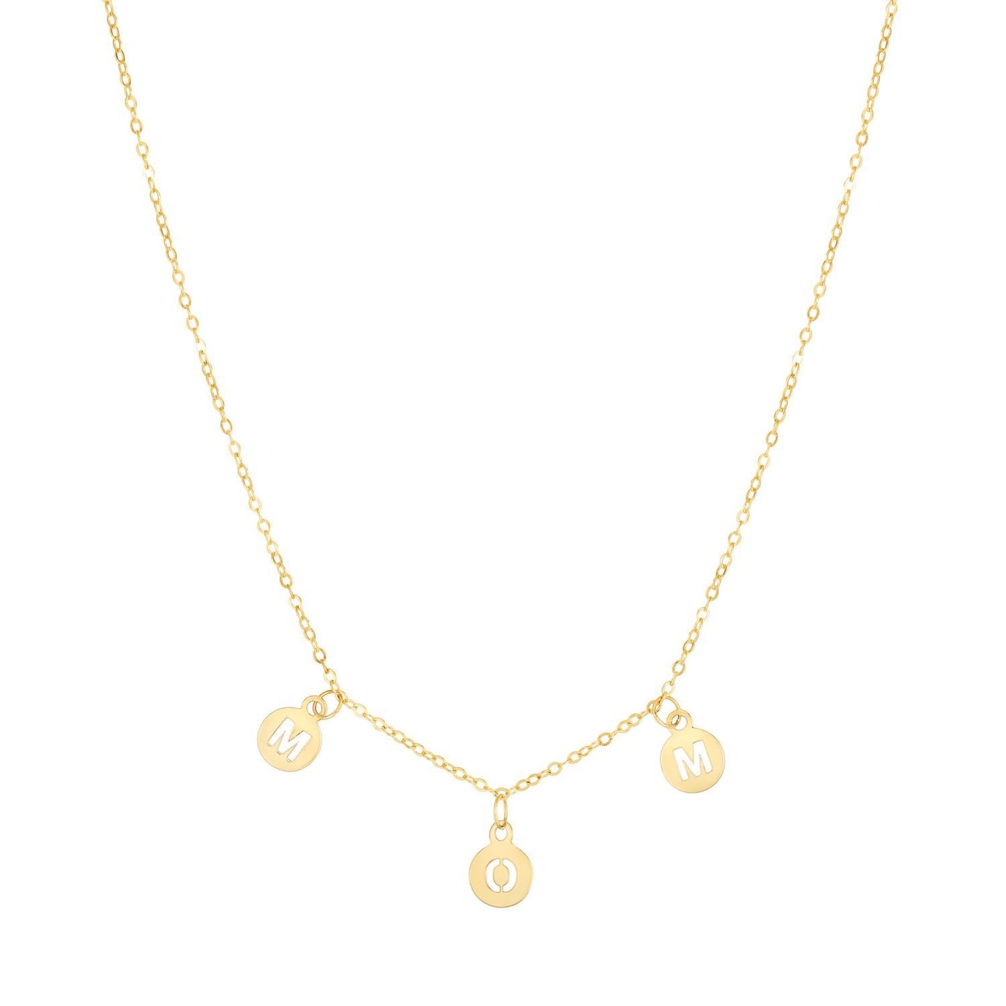 14K Yellow Gold Dangling MOM Discs Cable Chain Charm Necklace 16"-18" Adjustable