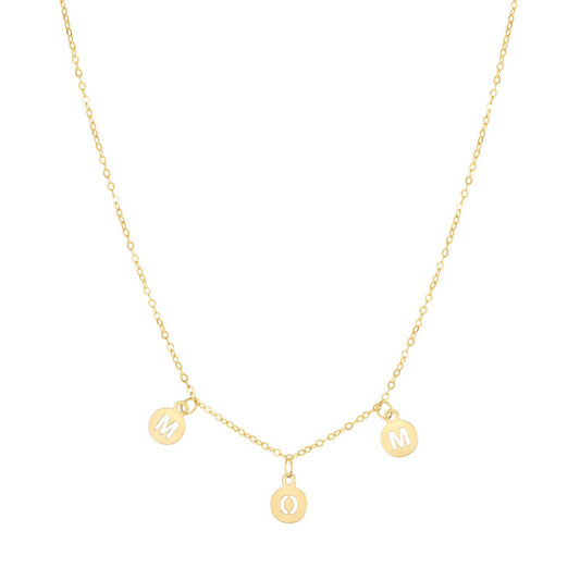 14K Yellow Gold Dangling MOM Discs Cable Chain Charm Necklace (Hollow) 16"-18" Adjustable