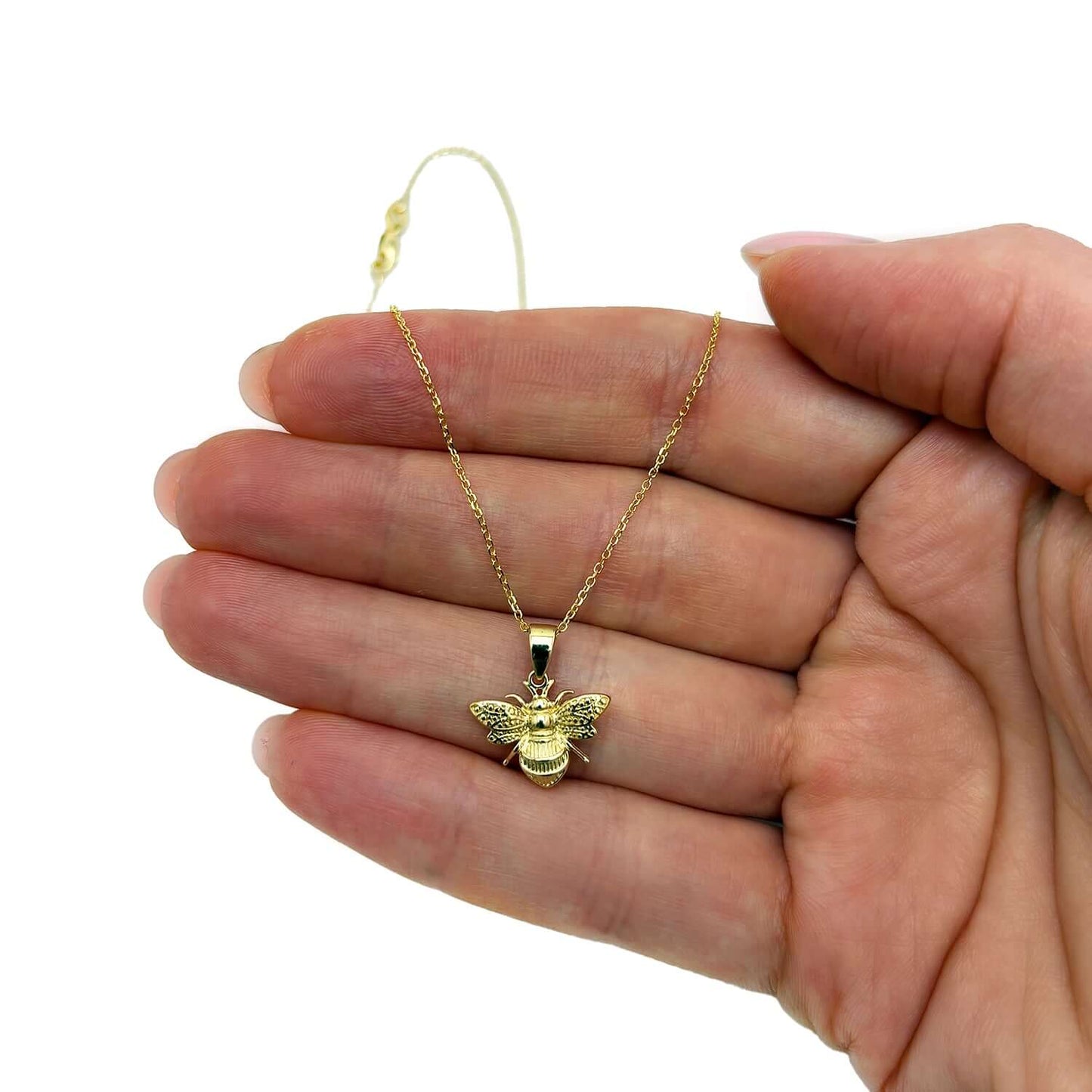 14K Real Gold Bumblebee Pendant Cable Chain Necklace 16"-18" Adjustable
