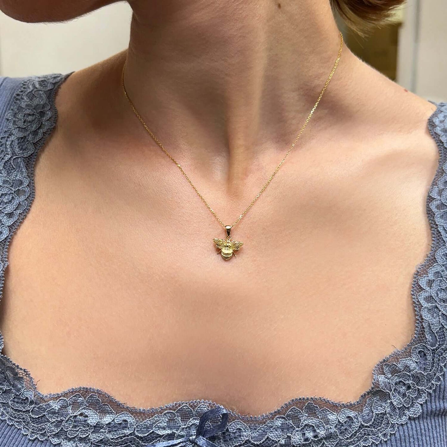 14K Real Gold Bumblebee Pendant Cable Chain Necklace 16"-18" Adjustable