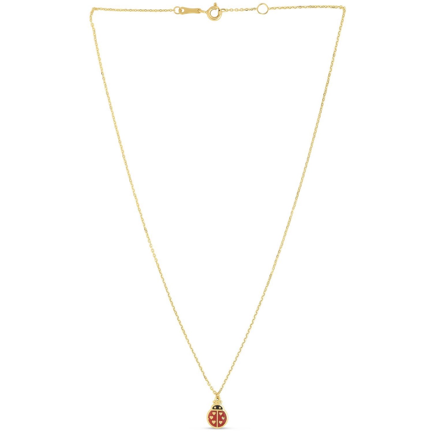 Real 14K Gold Enamel Ladybug Pendant Cable Chain Necklace 16"-18" Adjustable