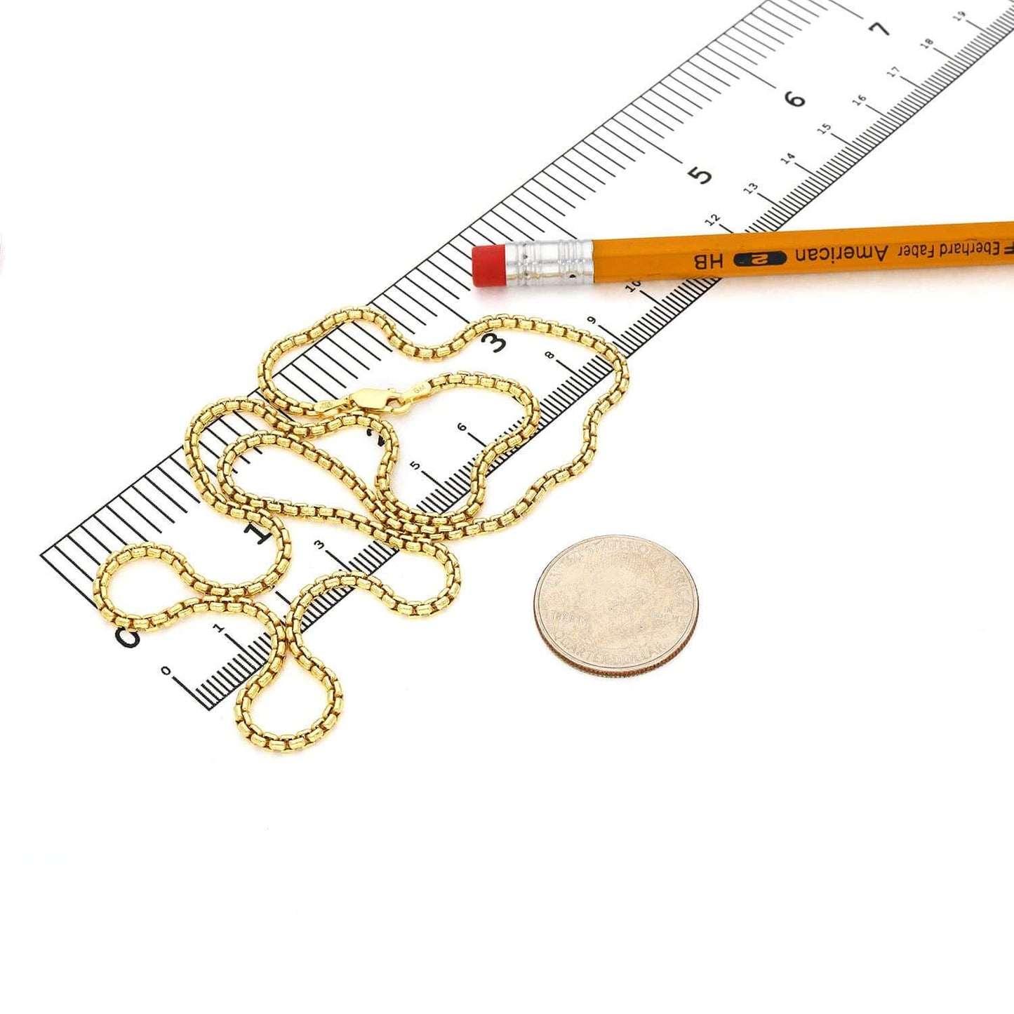 18K Yellow Gold Over Silver 2.5mm Round Box Chain (Solid Links) 16"-24"