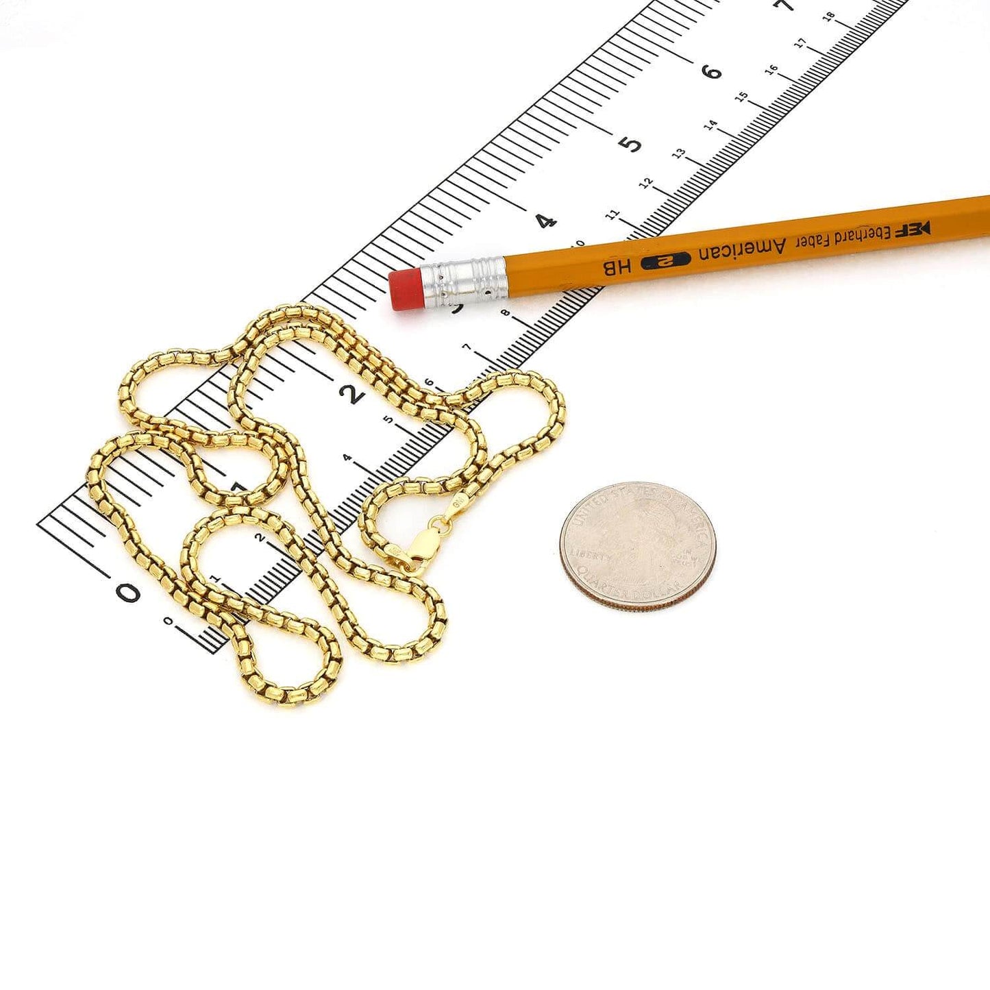 18K Yellow Gold Over Sterling Silver 3mm Solid Round Box Chain Necklace 18"-24"