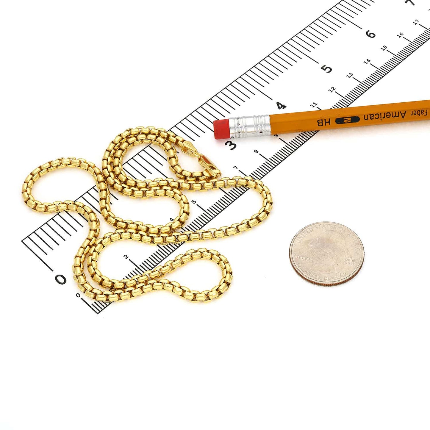 18K Yellow Gold Over Silver 3.7mm Solid Round Box Chain 18"-24"