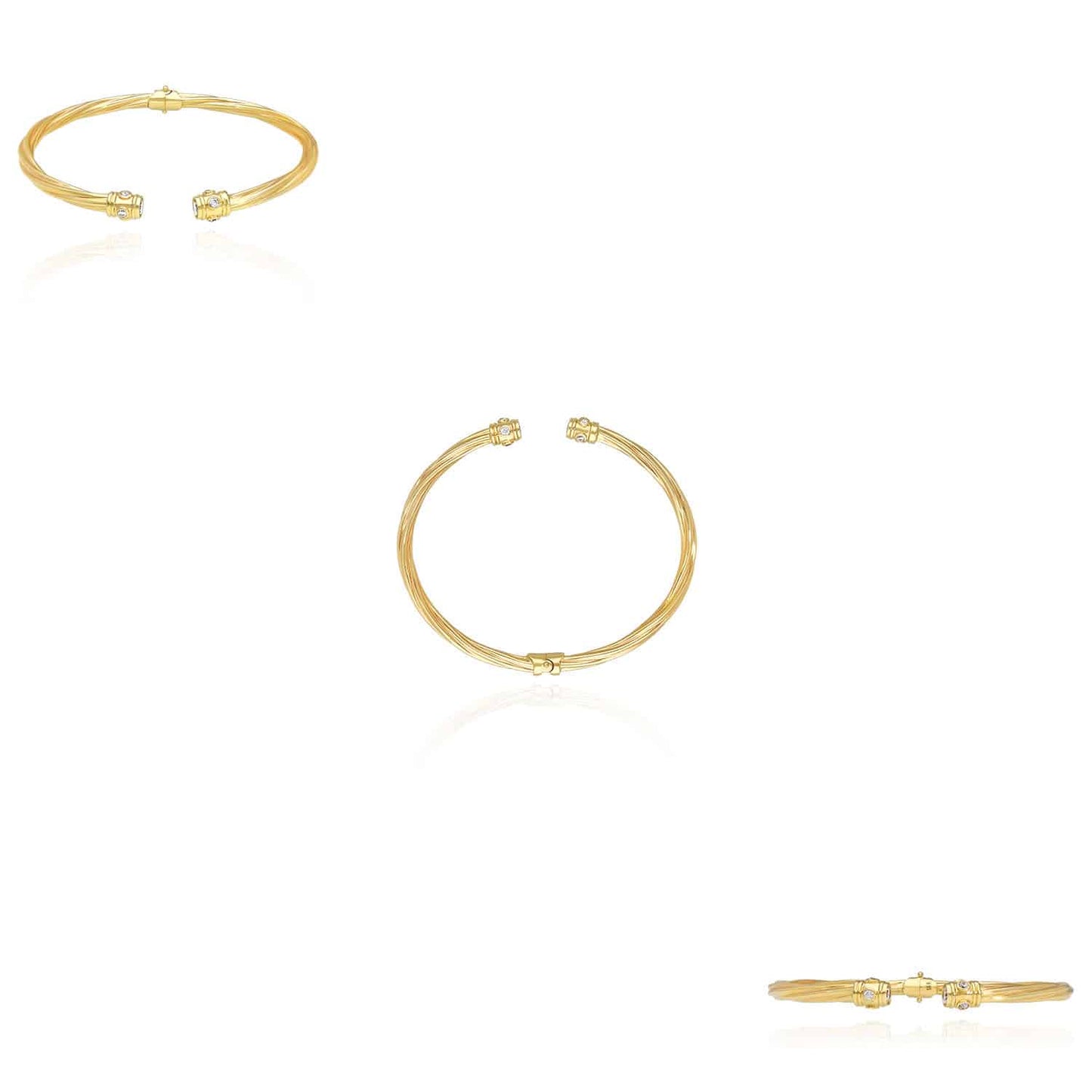 14K Yellow Gold Bezel CZ Twisted Tube Bangle Bracelet 7"