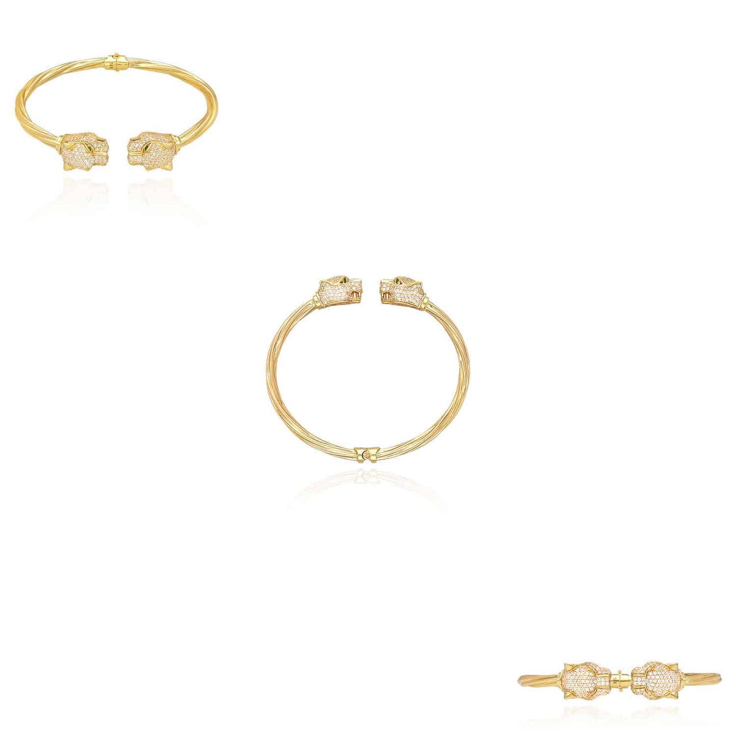 14K Yellow Gold CZ Pave Panther Head Bangle Bracelet 6.75"