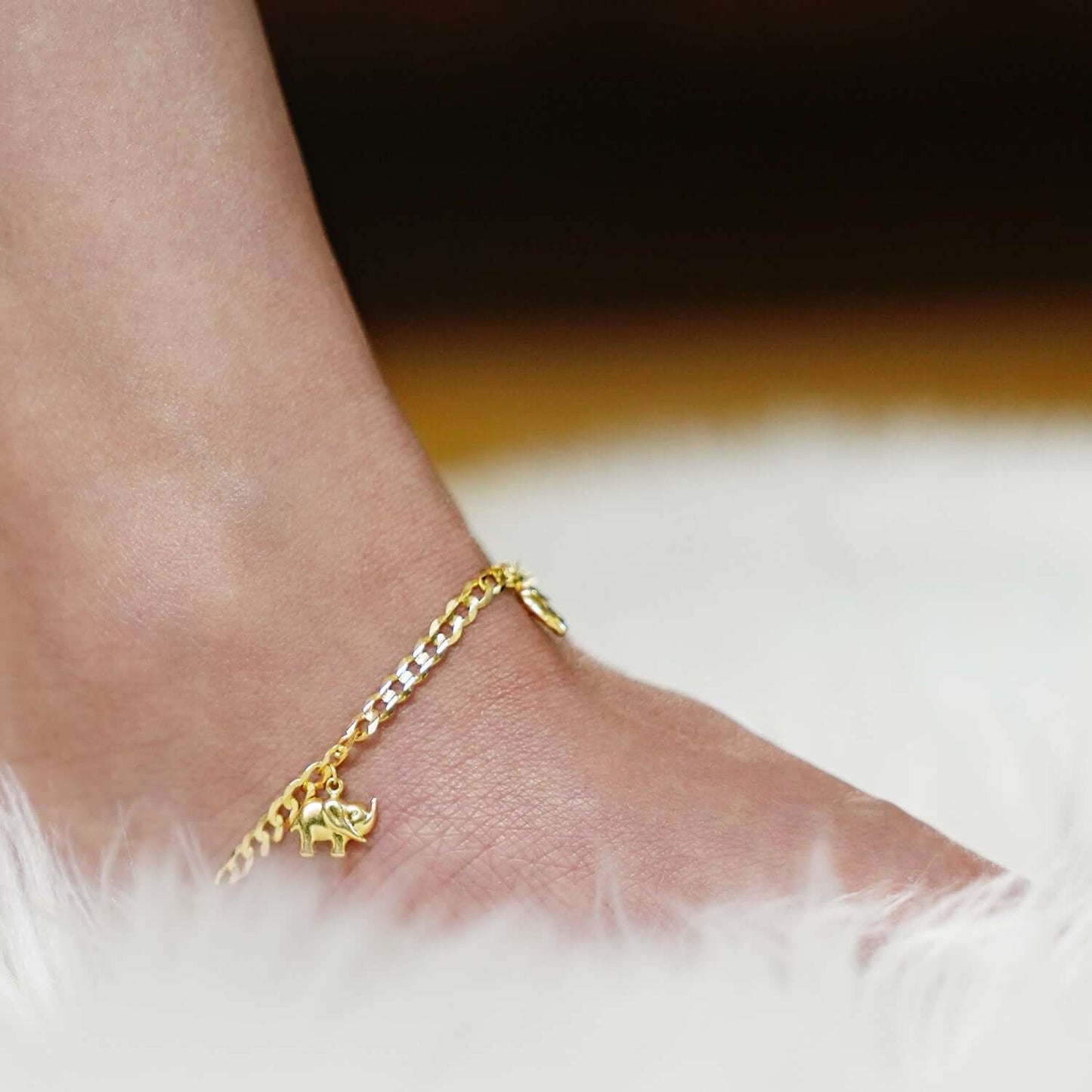 14K Yellow Gold Cuban 3.5mm Elephant Charm Anklet 9"-10" Adjustable
