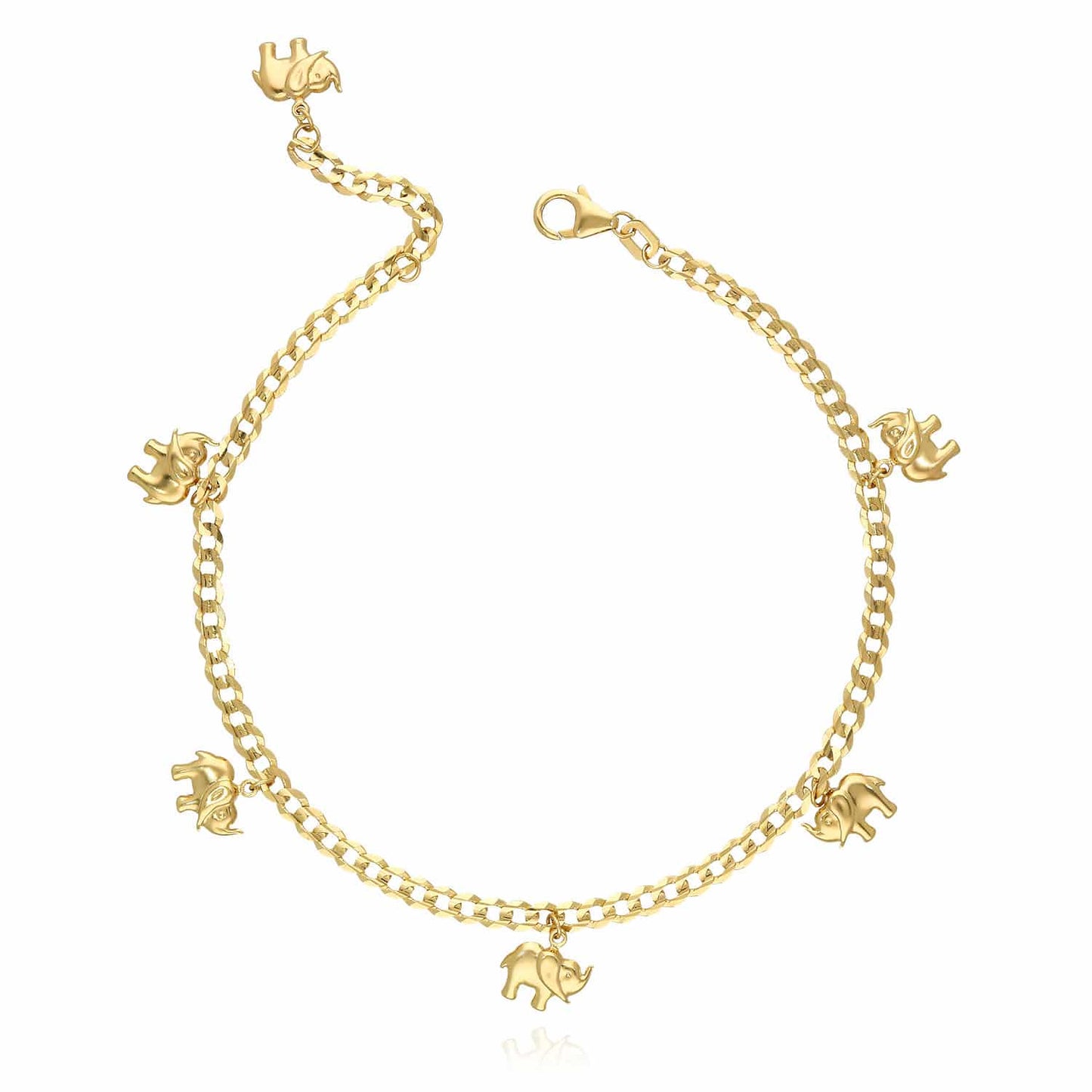 14K Yellow Gold Cuban 3.5mm Elephant Charm Anklet 9"-10" Adjustable