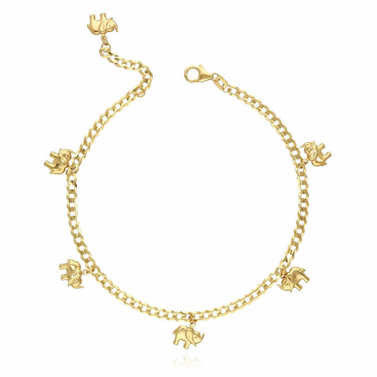 14K Yellow Gold Cuban 3.5mm Elephant Charm Anklet (Solid Links) 9"-10" Adjustable