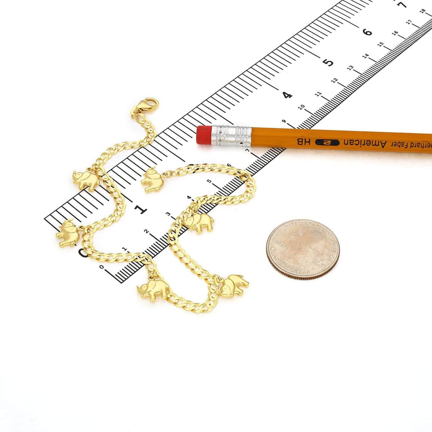 14K Yellow Gold Cuban 3.5mm Elephant Charm Anklet 9"-10" Adjustable