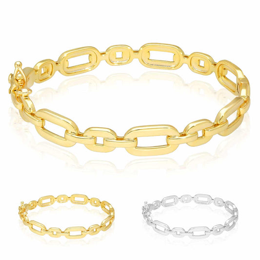 18K Yellow & White Gold Over Sterling Silver 8mm Flat Oval Link Bangle Bracelet (Solid Links)