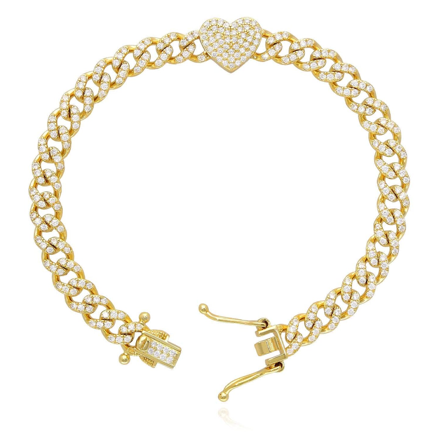 18K Yellow Gold Over Silver CZ 6mm Pave Heart Miami Bracelet 7"-8"