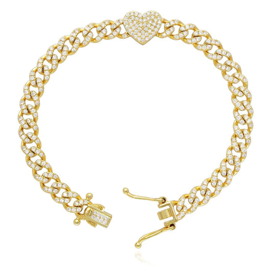 18K Yellow Gold Over Silver CZ 6mm Pave Heart Miami Bracelet (Solid Links) 7"-8"