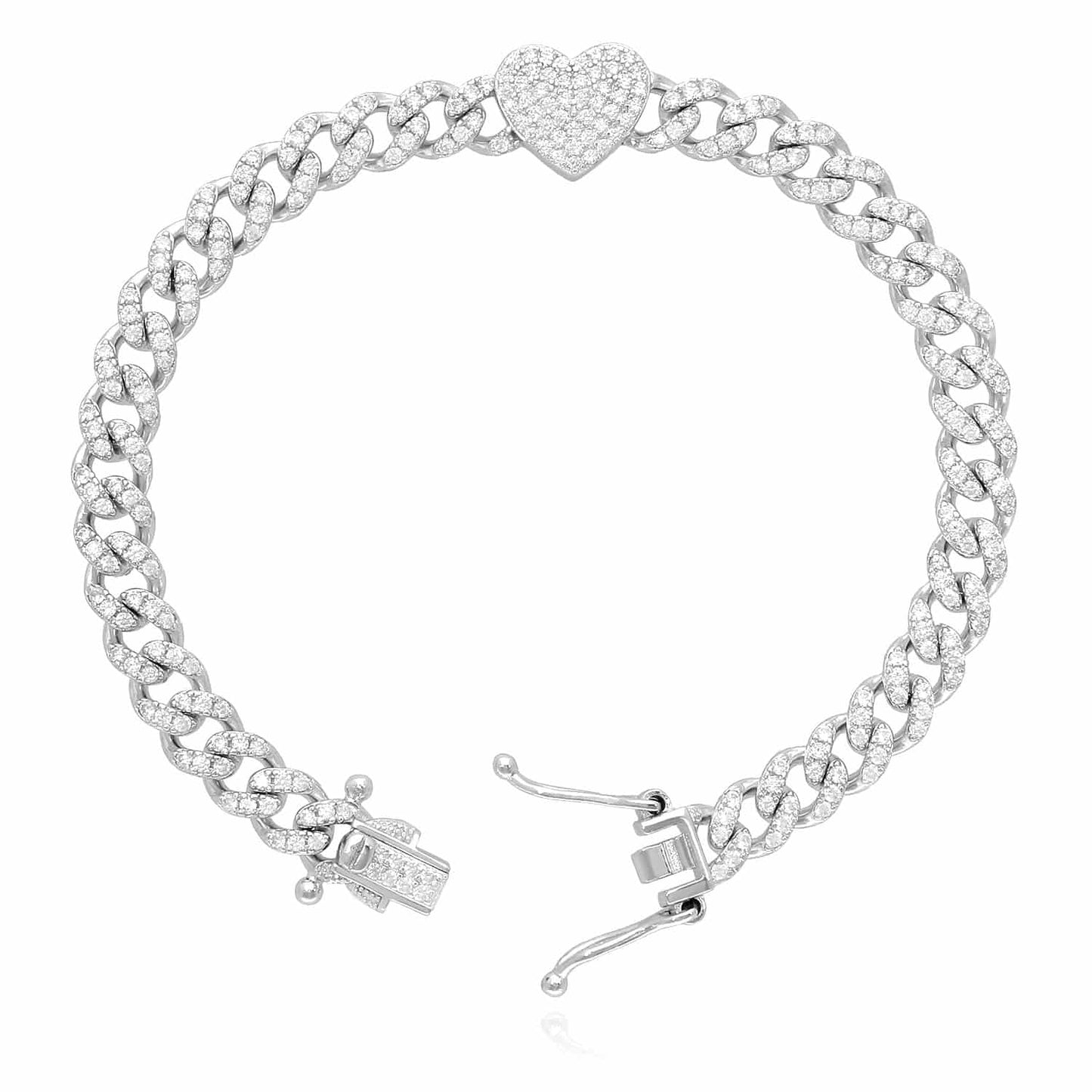 18K White Gold Over Silver CZ 6mm Pave Heart Miami Bracelet 7"-8"