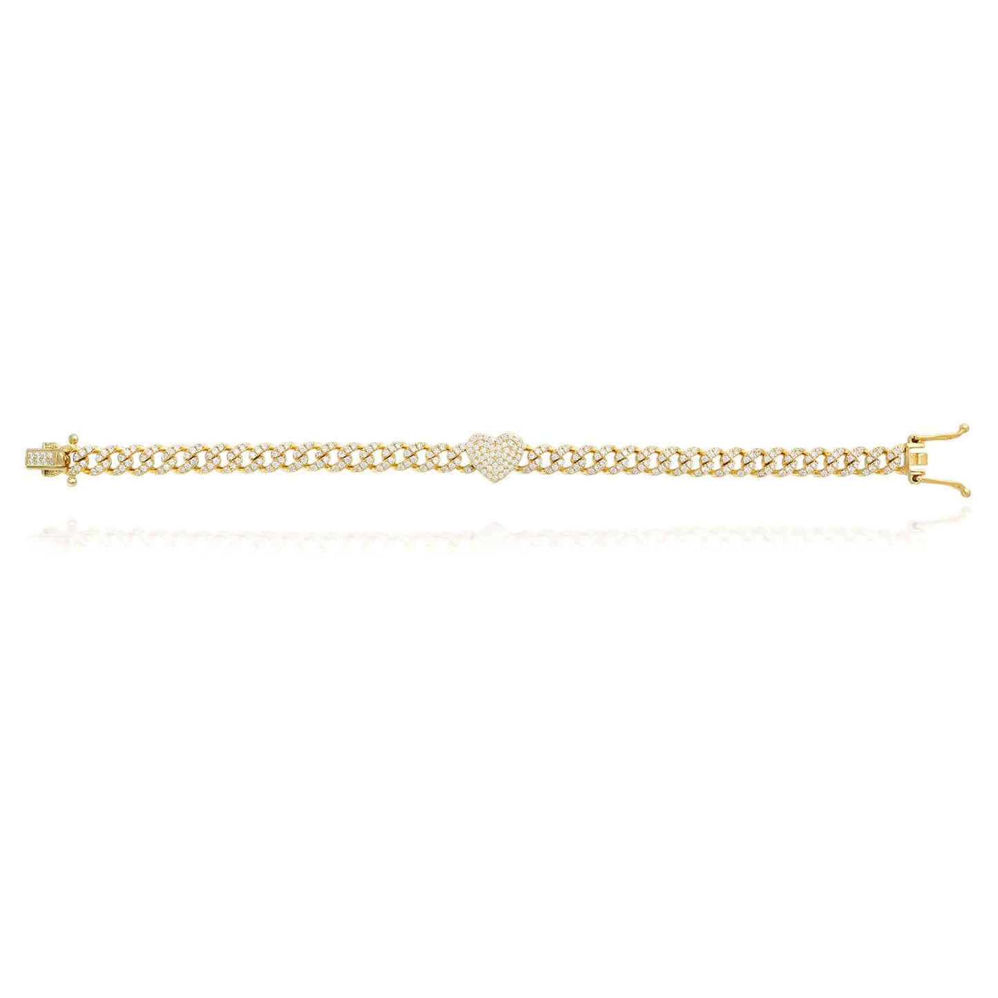 18K Yellow Gold Over Silver CZ 6mm Pave Heart Miami Bracelet 7"-8"
