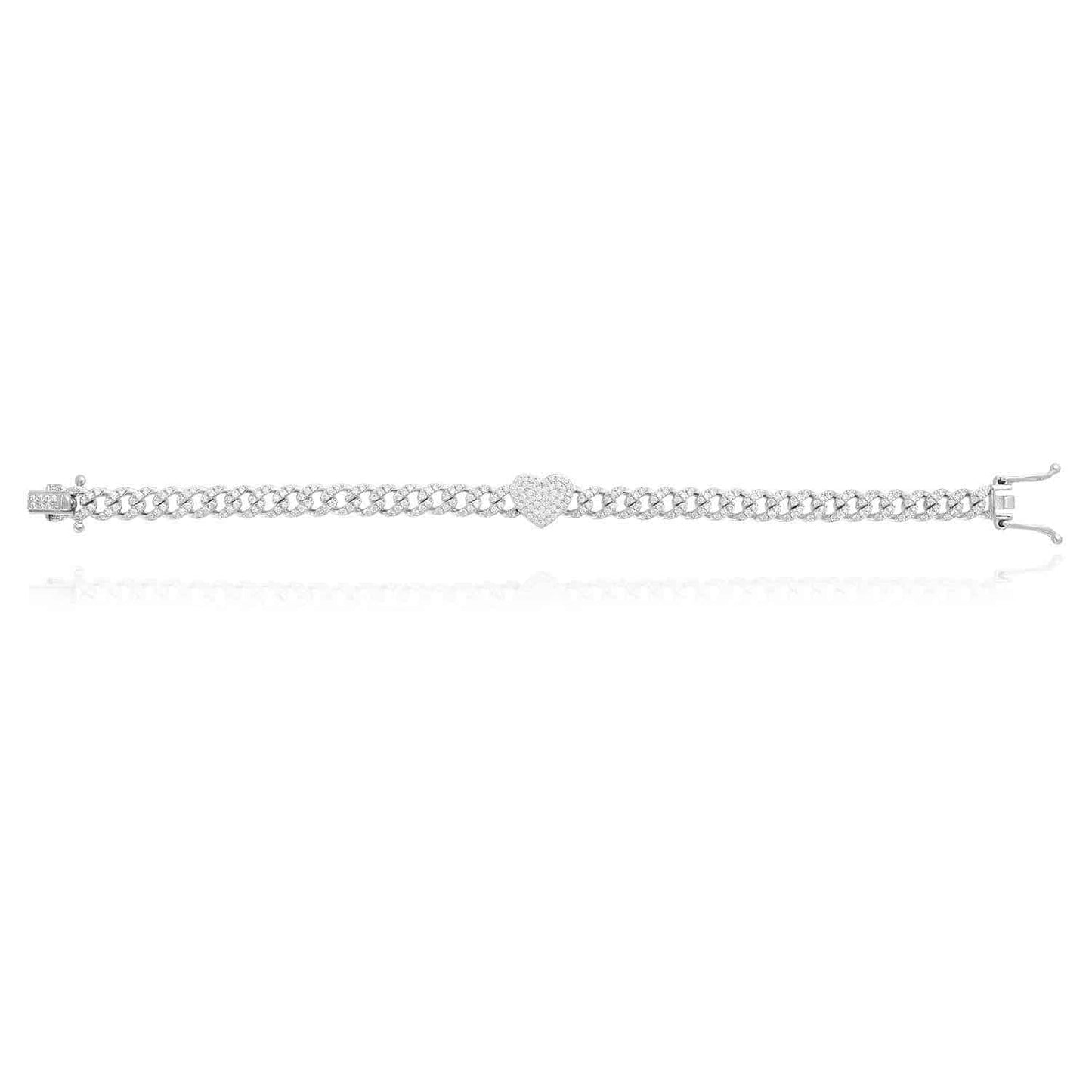 18K White Gold Over Silver CZ 6mm Pave Heart Miami Bracelet 7"-8"