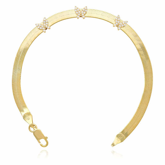 18K Gold Over Silver CZ Butterfly Herringbone Bracelet (Solid Links) 7.25"