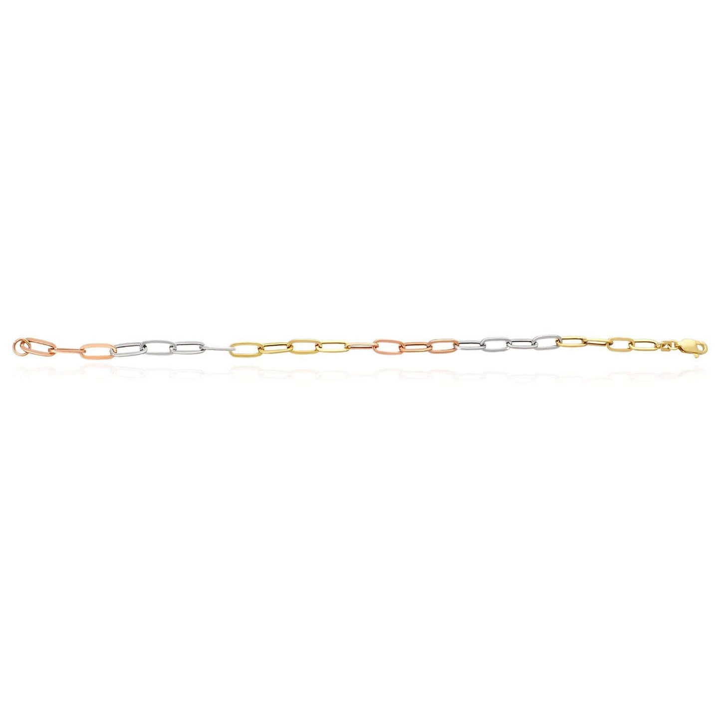 14K Gold Tri-Color Yellow White Rose Color 4mm Paperclip Bracelet 7.5"