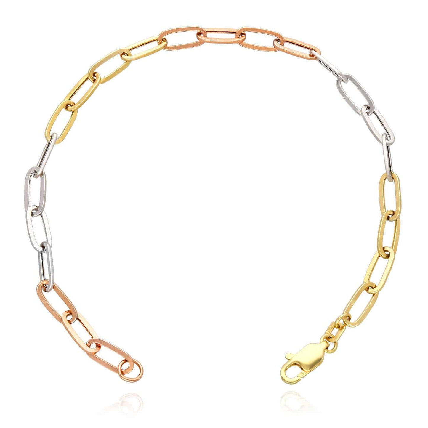 14K Gold Tri-Color Yellow White Rose Color 4mm Paperclip Bracelet 7.5"