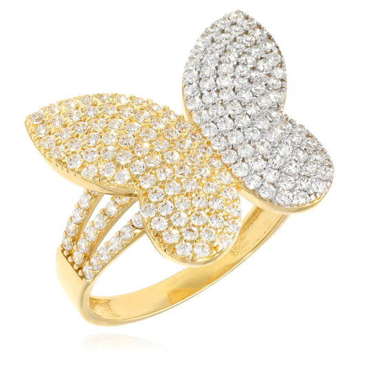 14K Yellow Gold CZ Pave Cocktail Butterfly Ring