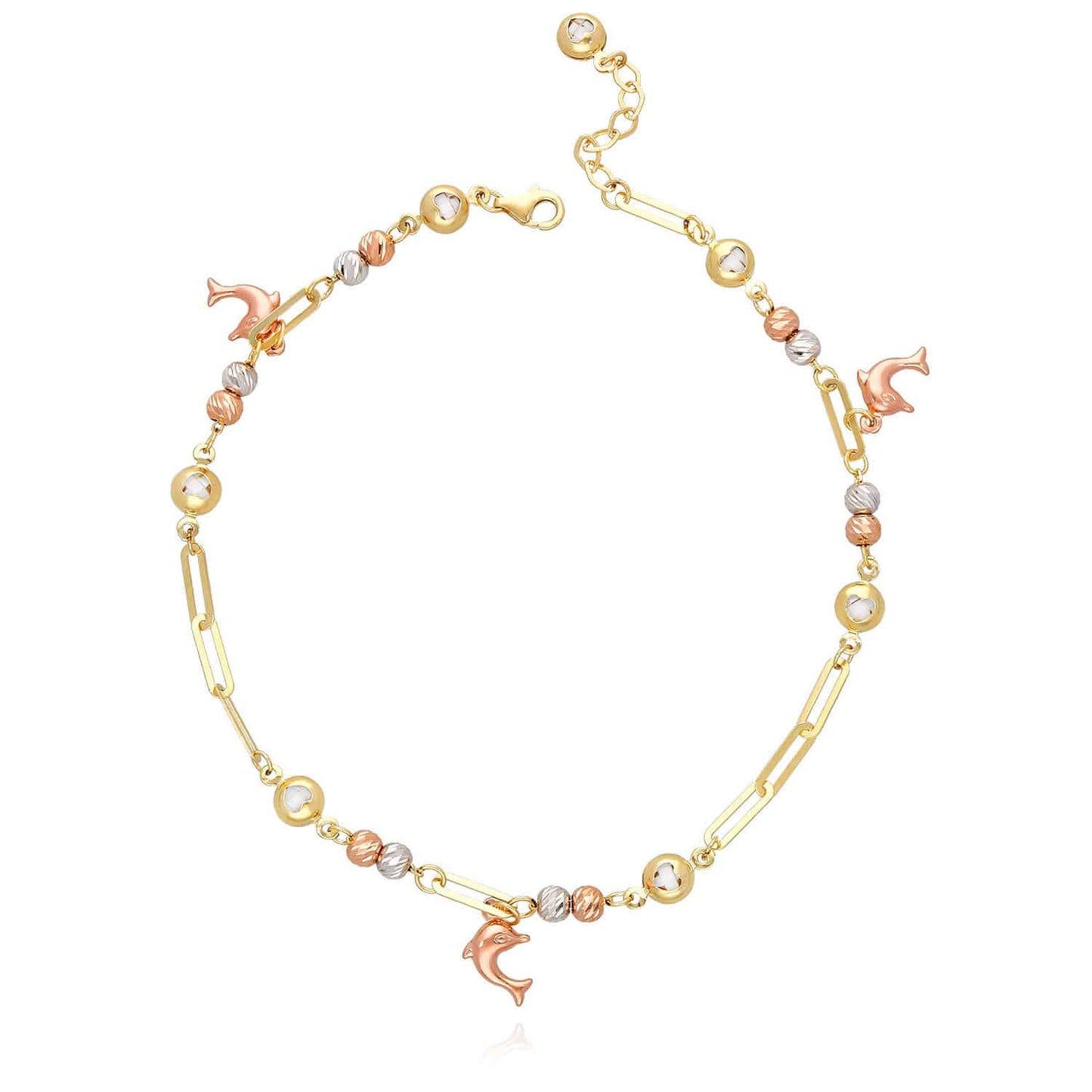 14K Gold Tri-Color 4mm Paperclip Ball Dolphin Charm Ankle Bracelet 9.5-10.5" Adj