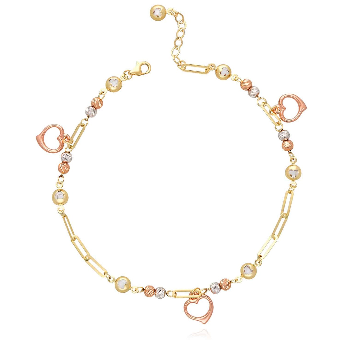 14K Gold Tri-Color 4mm Paperclip Ball Heart Charm Ankle Bracelet 9.5-10.5" Adjus