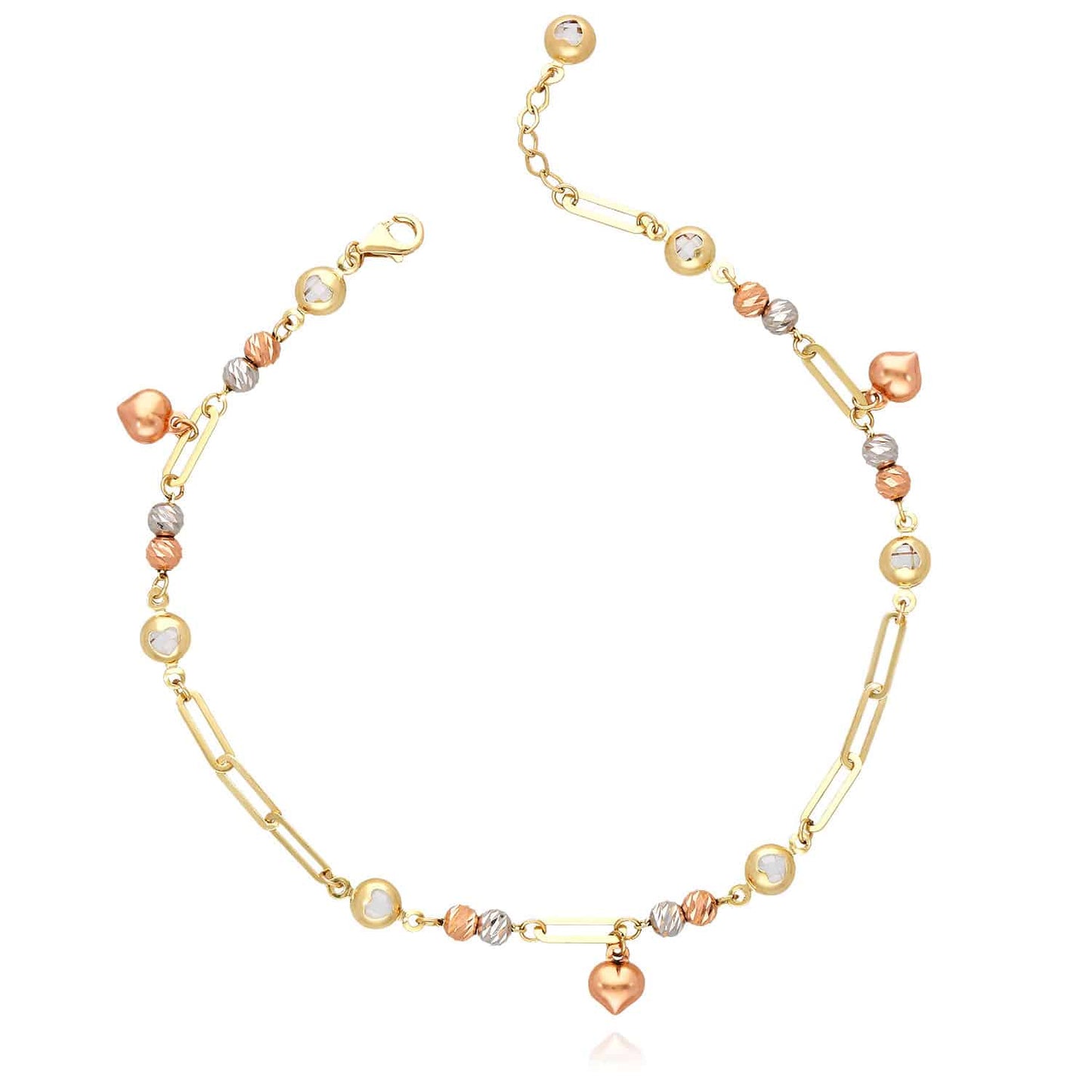 14K Gold Tri-Color 4mm Paperclip Ball Heart Charm Ankle Bracelet 9.5-10" Adjust
