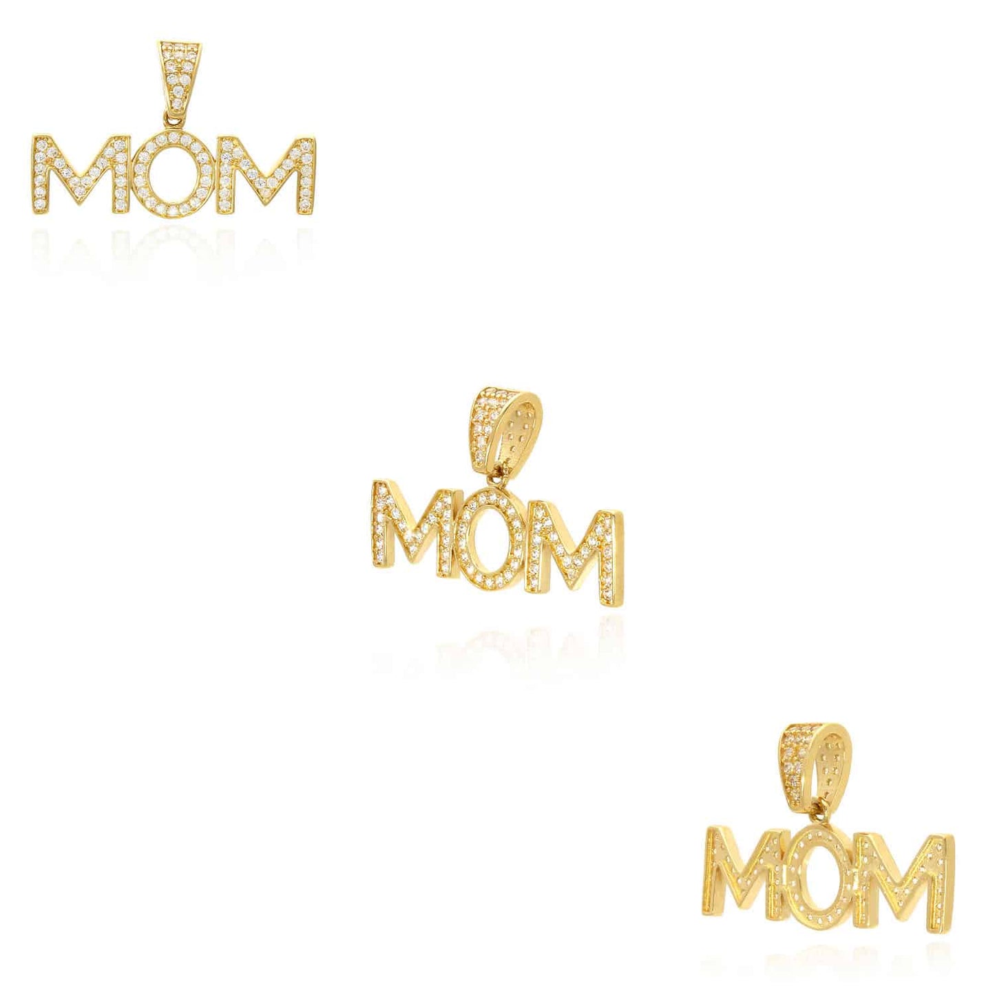 14K Yellow Gold CZ MOM Mother's Charm Pendant 0.7"
