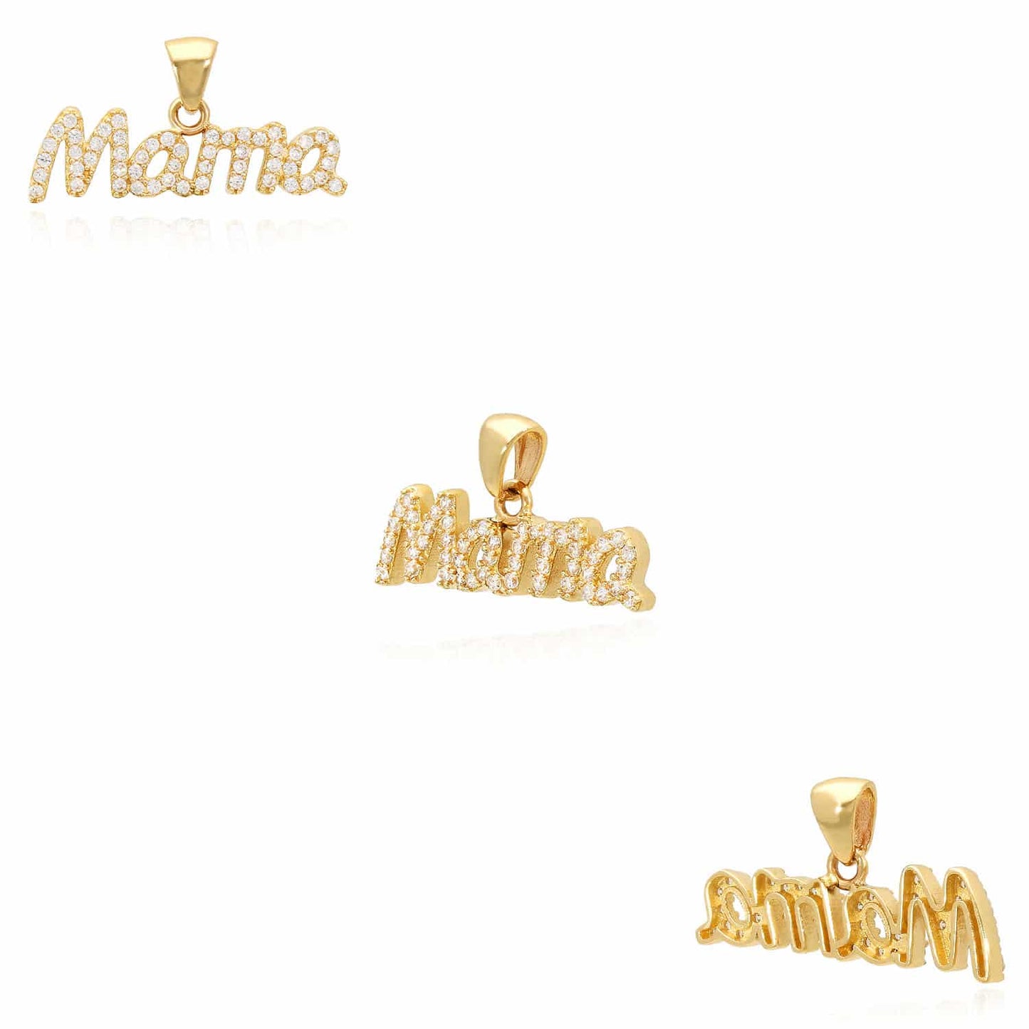 14K Yellow Gold CZ Mama Mother's Pendant 0.5"
