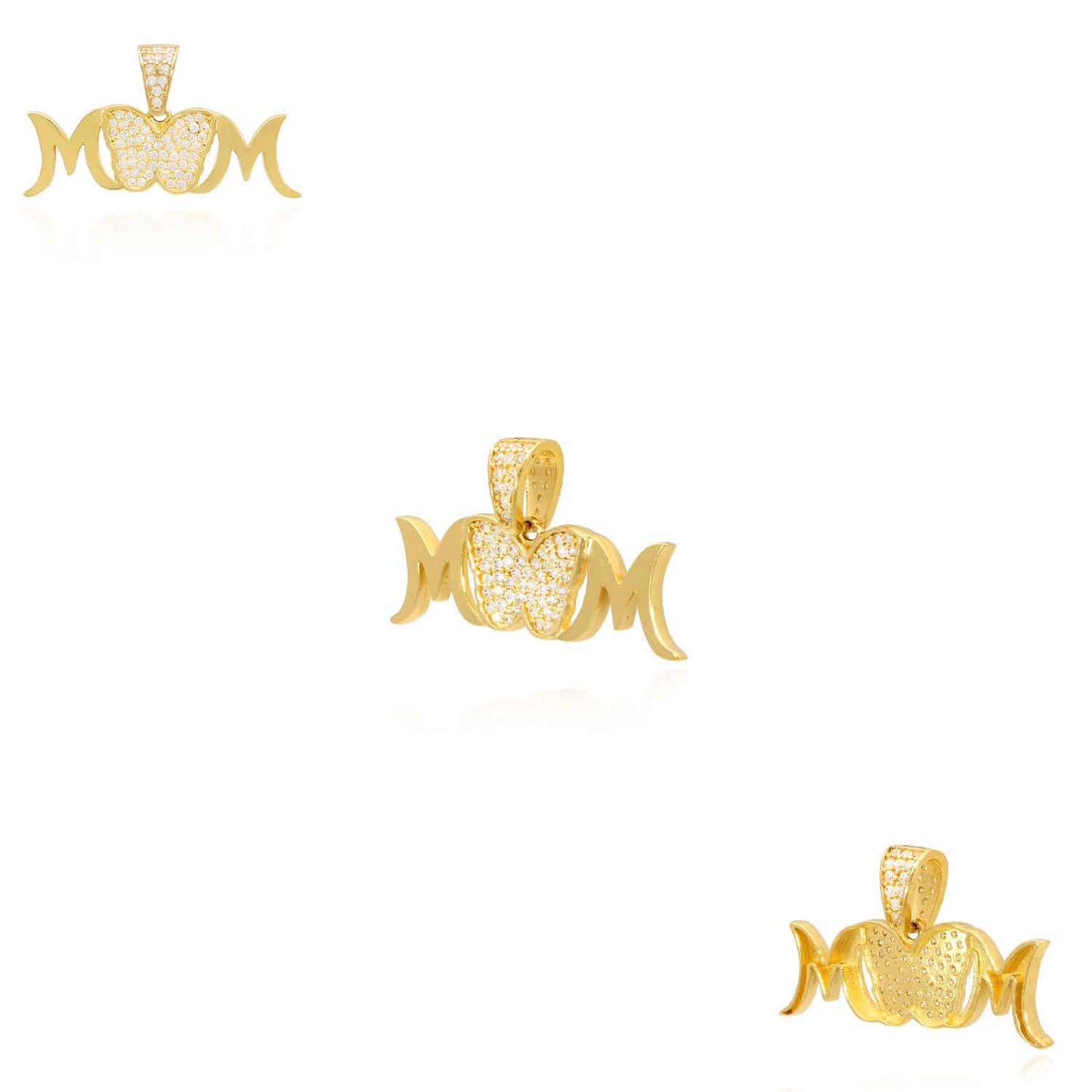 14K Yellow Gold CZ Butterfly MOM Pendant 0.6"