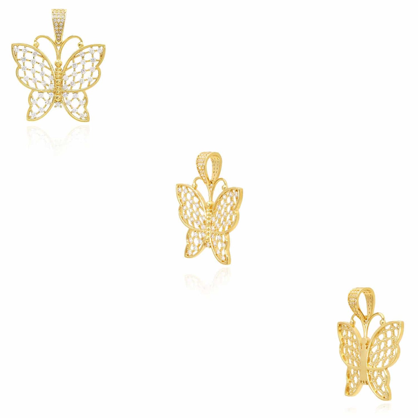 14K Yellow Gold CZ Butterfly Charm Pendant 1.4"