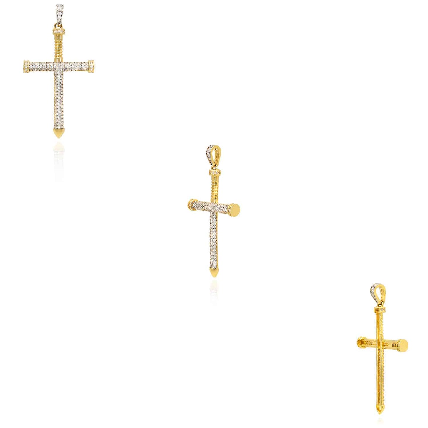 14K Yellow Gold CZ Pave Screw Nail Cross Pendant 2.1"